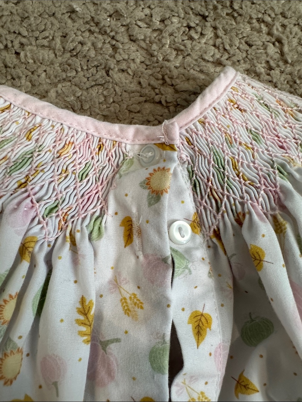 Lullaby set Baby Girl Two-Piece Smocked Top and Bloomers - Pastel Pumpkin Print - Picture 6 of 9